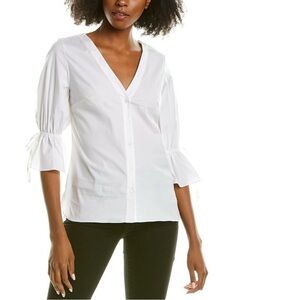 NWT Carolina Herrera V-Neck Button Down Blouse 3/4 ruffle sleeve White. Size 12